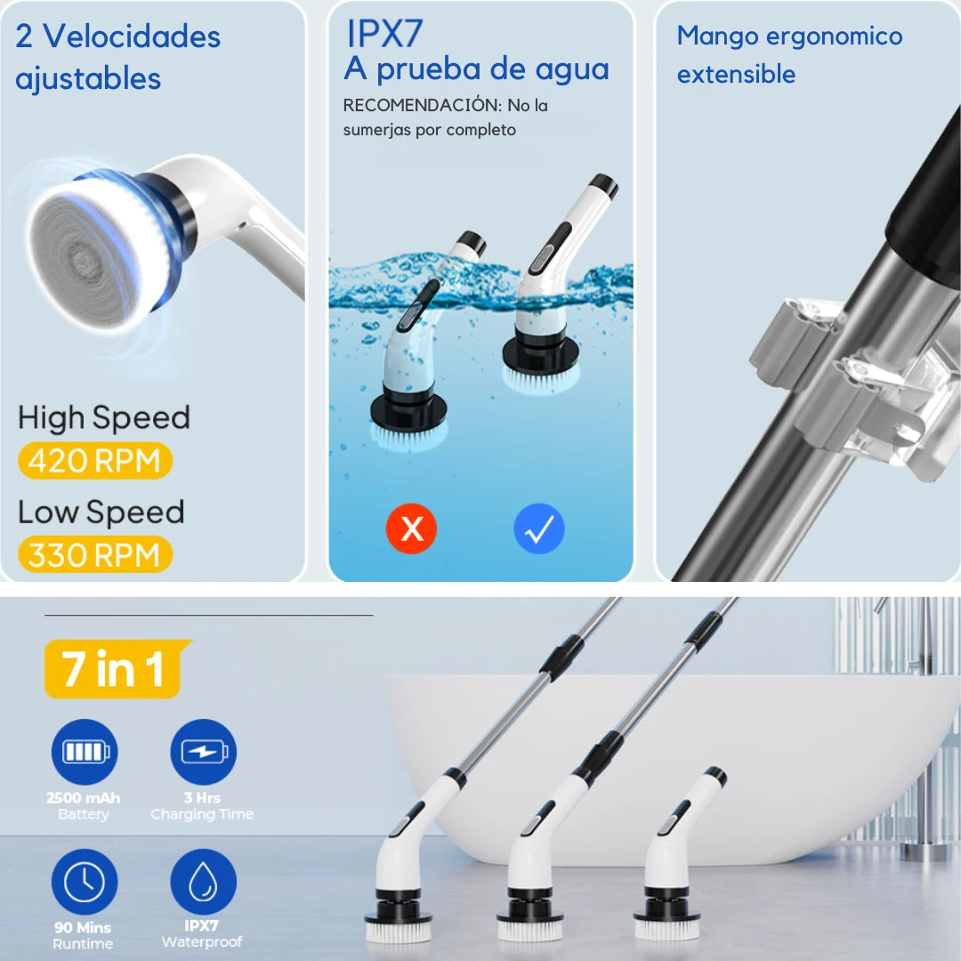 PowerClean™ Cepillo eléctrico de limpieza extensible con 7 cabezales intercambiables