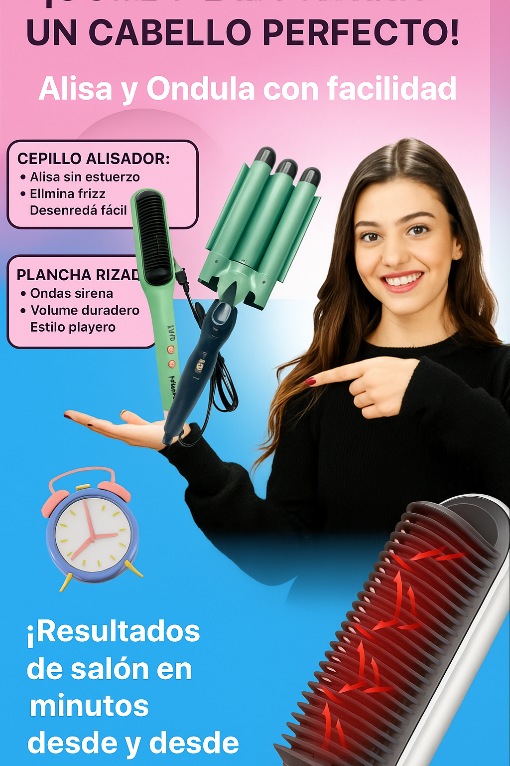 COMBO CEPILLO ALISADOR Y RIZADORA DE SIRENA + ENVIO GRATIS