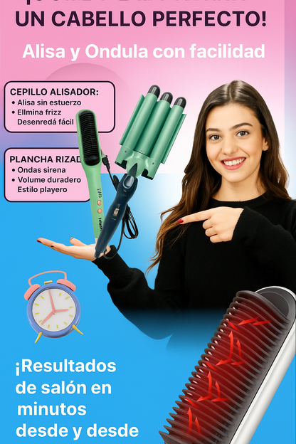 COMBO CEPILLO ALISADOR Y RIZADORA DE SIRENA + ENVIO GRATIS
